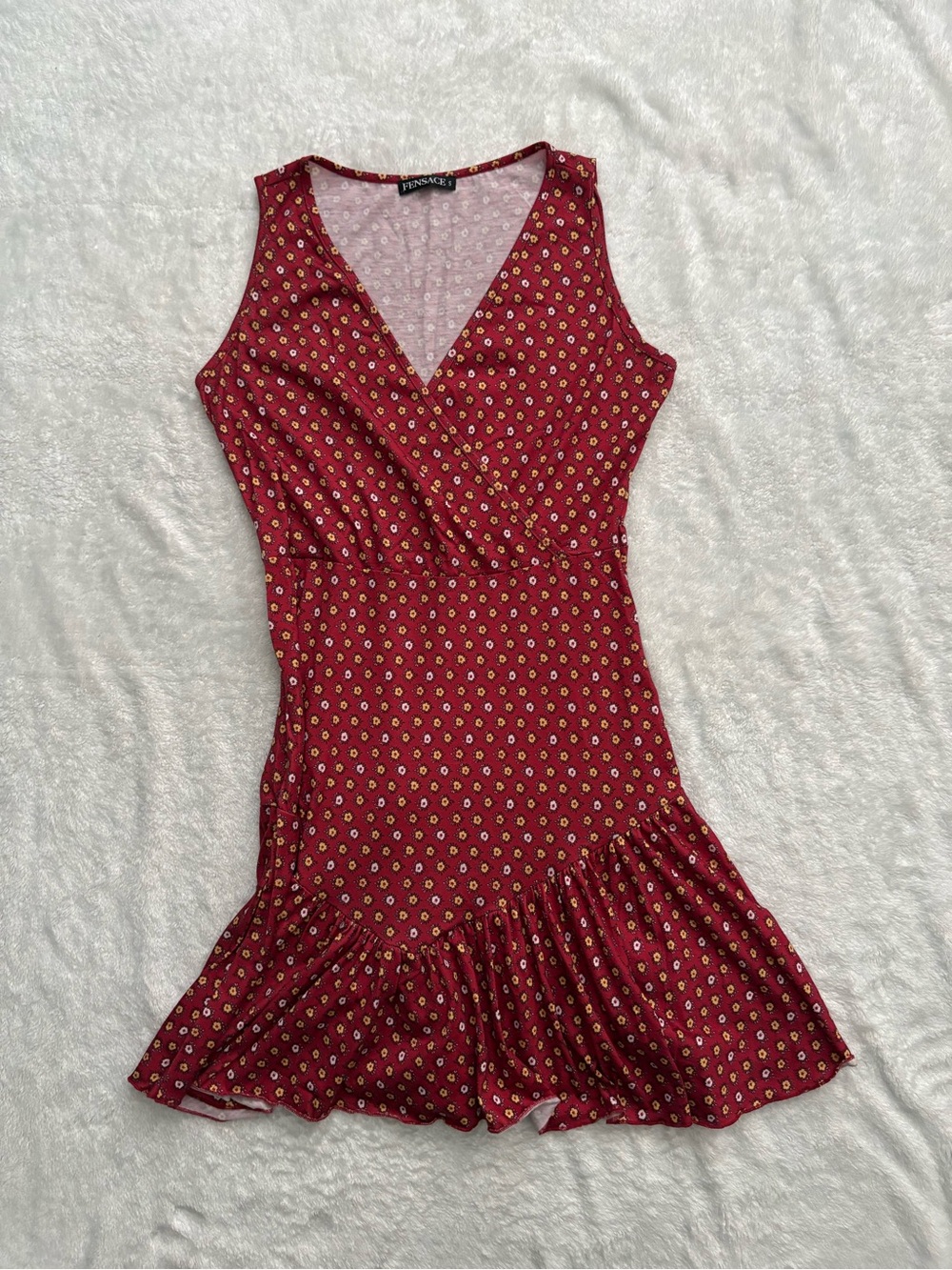 Fensace Red Floral Sleeveless Drop Waist Ruffle Hem Mini Dress